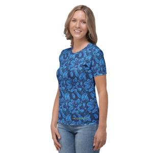 Women's T-shirt. Mitochondria and Logo bottom front and back neck.